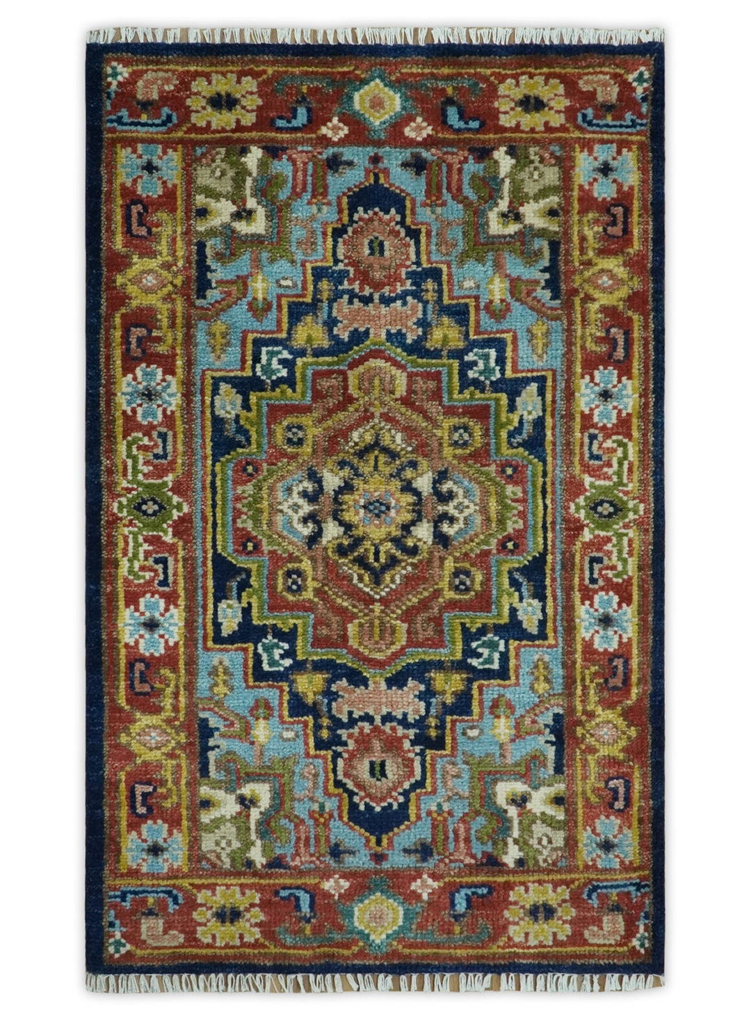 Custom Made Hand Knotted Traditional Rust And Blue Runner Wool Rug - The Rug Decor