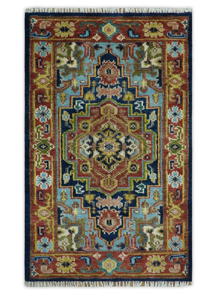 Custom Made Hand Knotted Traditional Rust And Blue Runner Wool Rug - The Rug Decor