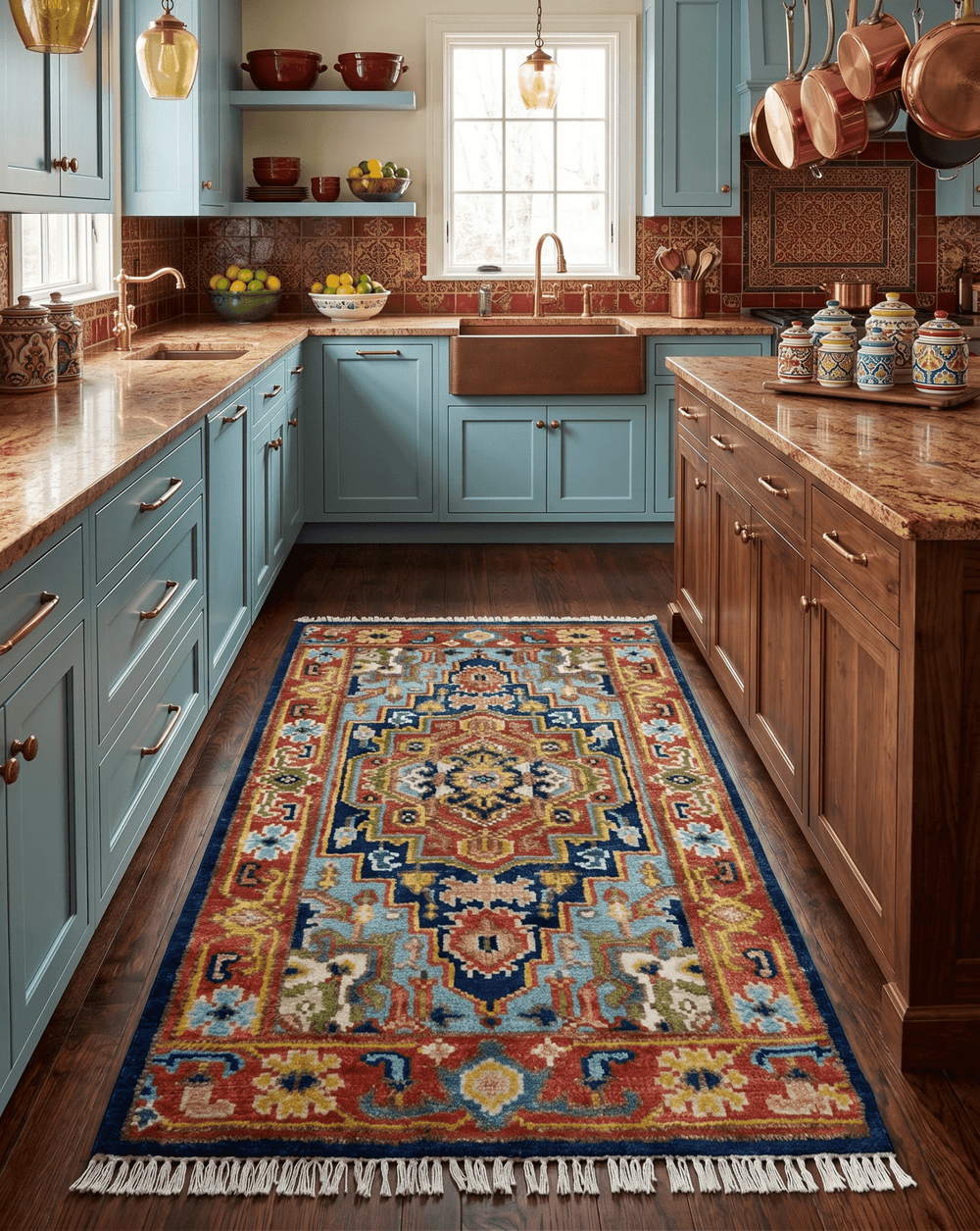 Custom Made Hand Knotted Traditional Rust And Blue Runner Wool Rug - The Rug Decor