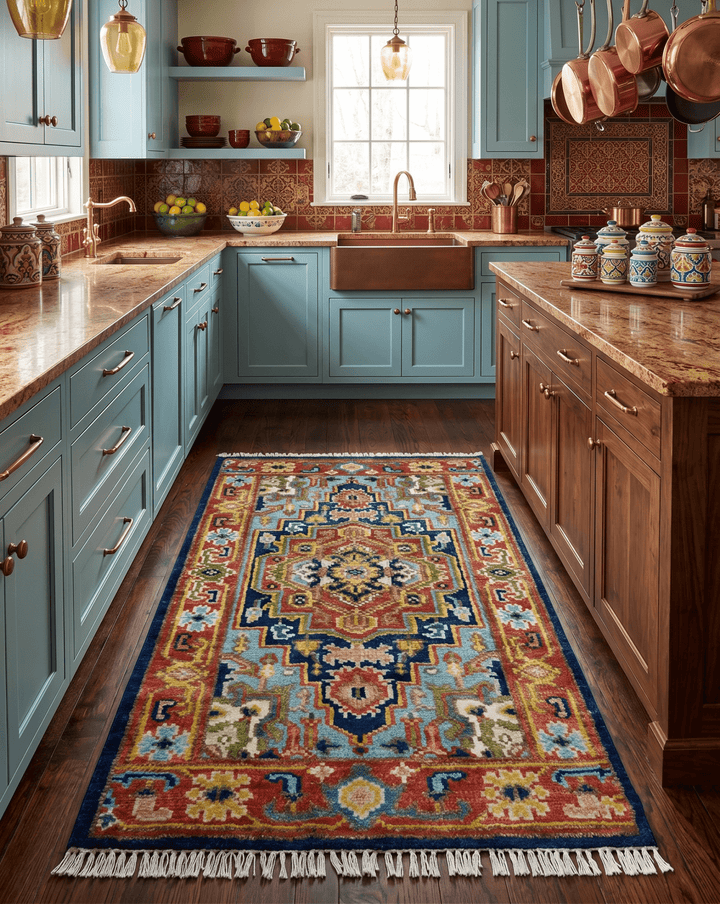 Custom Made Hand Knotted Traditional Rust And Blue Runner Wool Rug - The Rug Decor