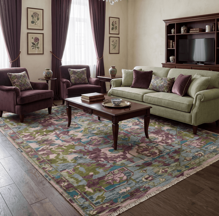 Custom Made Hand Knotted Transitional Green, Pink and Purple wool Area Rug - The Rug Decor