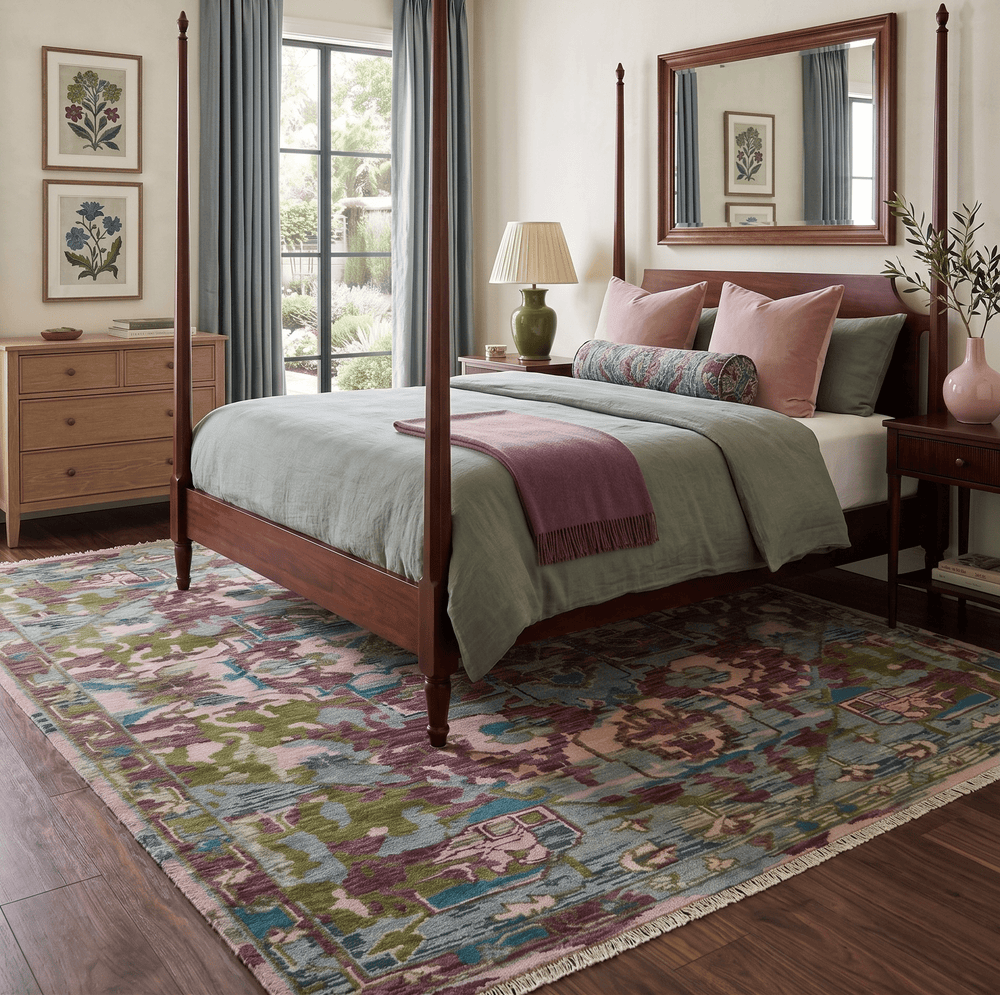 Custom Made Hand Knotted Transitional Green, Pink and Purple wool Area Rug - The Rug Decor