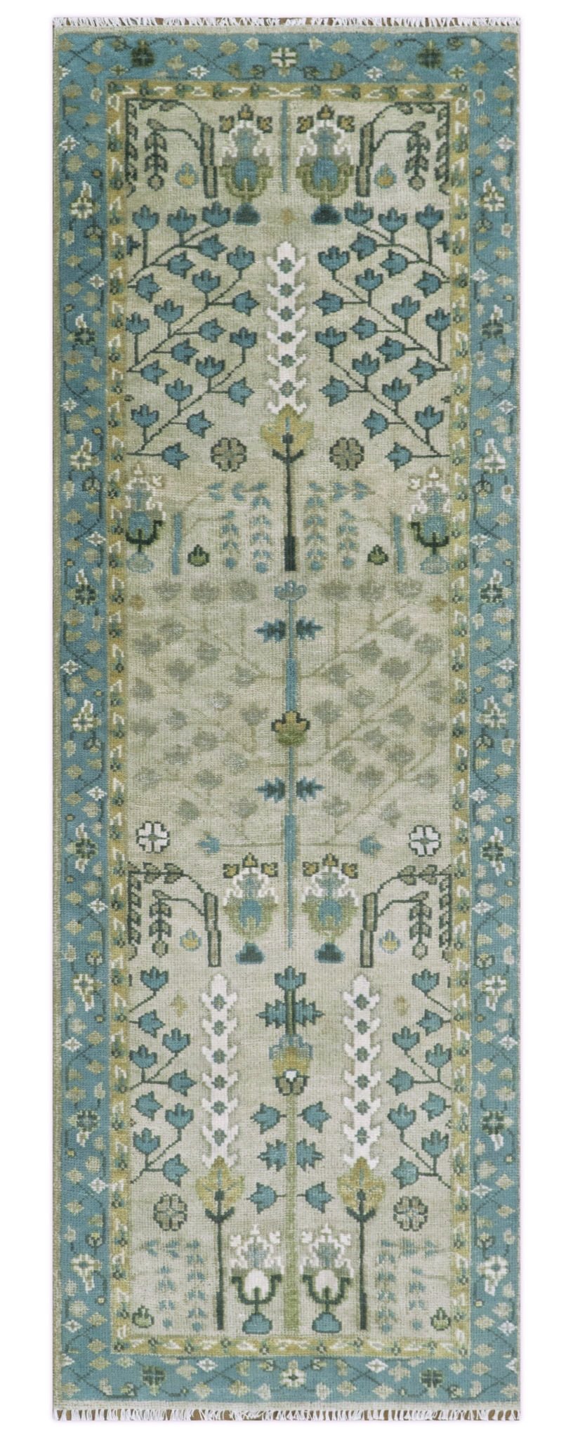 Custom Made Hand Knotted Tree of Life Beige And Blue Runner Wool Rug - The Rug Decor
