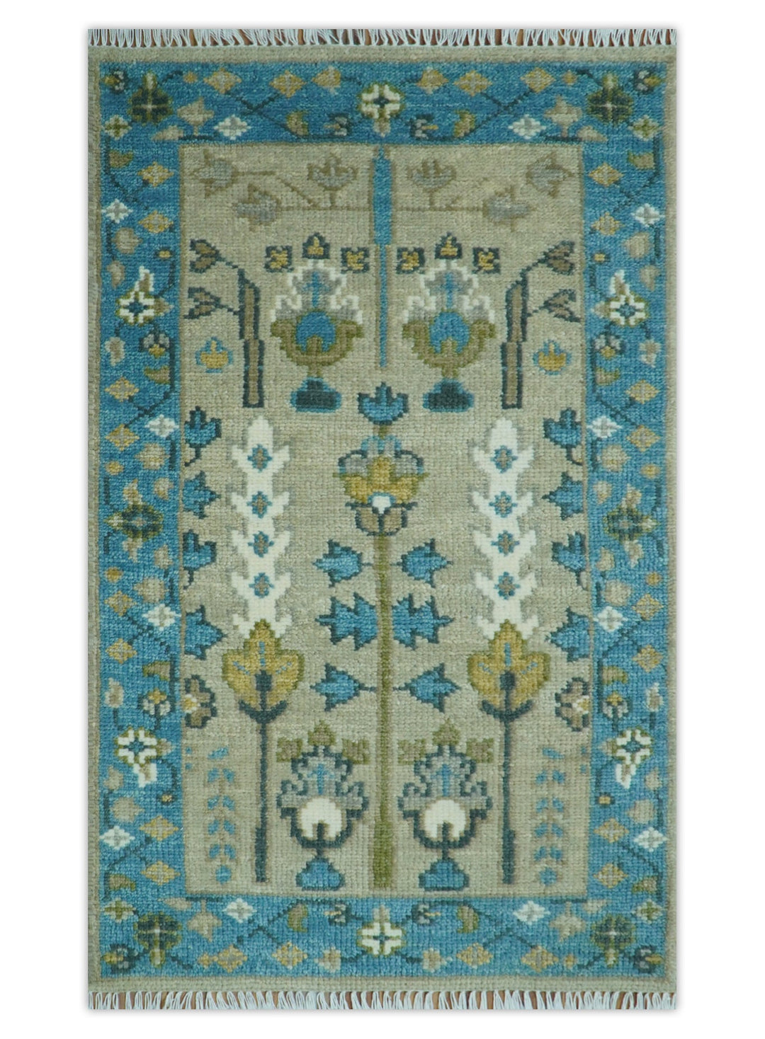 Custom Made Hand Knotted Tree of Life Beige And Blue Runner Wool Rug - The Rug Decor