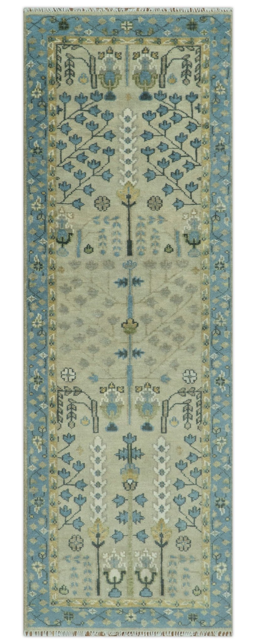 Custom Made Hand Knotted Tree of Life Beige And Blue Runner Wool Rug - The Rug Decor