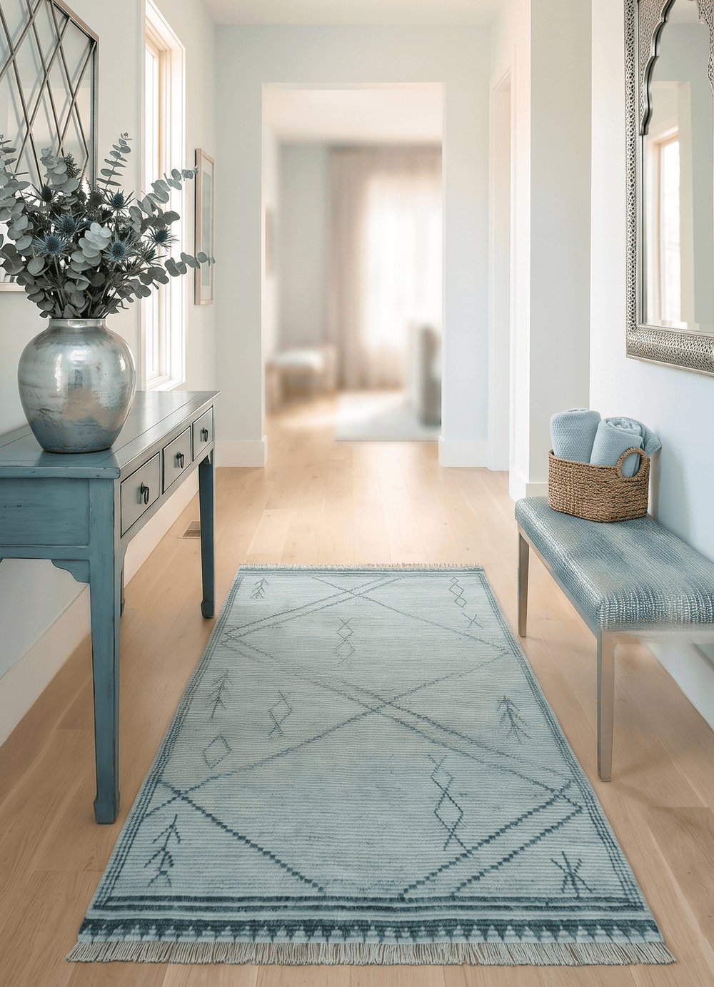 Custom Made Hand Woven Blue Abstract Trellis Moroccan Rug Made with Blended Wool - The Rug Decor
