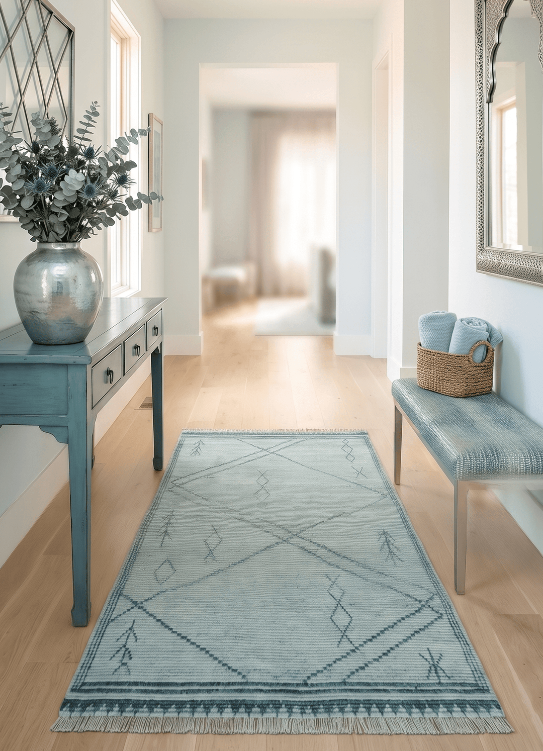 Custom Made Hand Woven Blue Abstract Trellis Moroccan Rug Made with Blended Wool - The Rug Decor