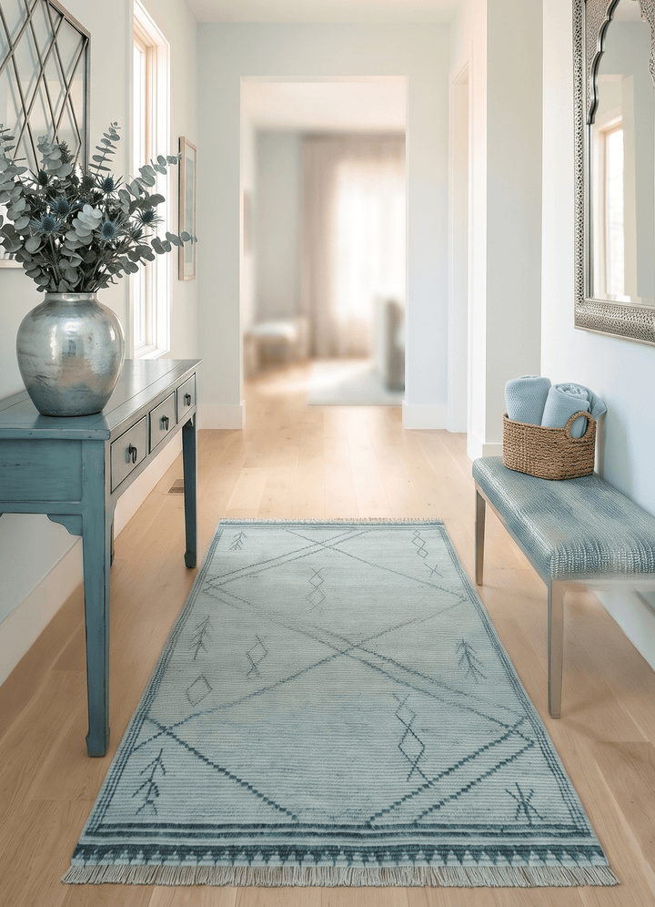 Custom Made Hand Woven Blue Abstract Trellis Moroccan Rug Made with Blended Wool - The Rug Decor