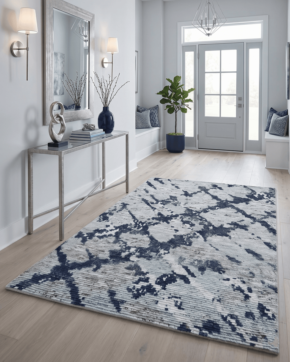 Custom Made Hand Woven Silver And Blue Abstract Trellis Moroccan Blended Wool Rug - The Rug Decor