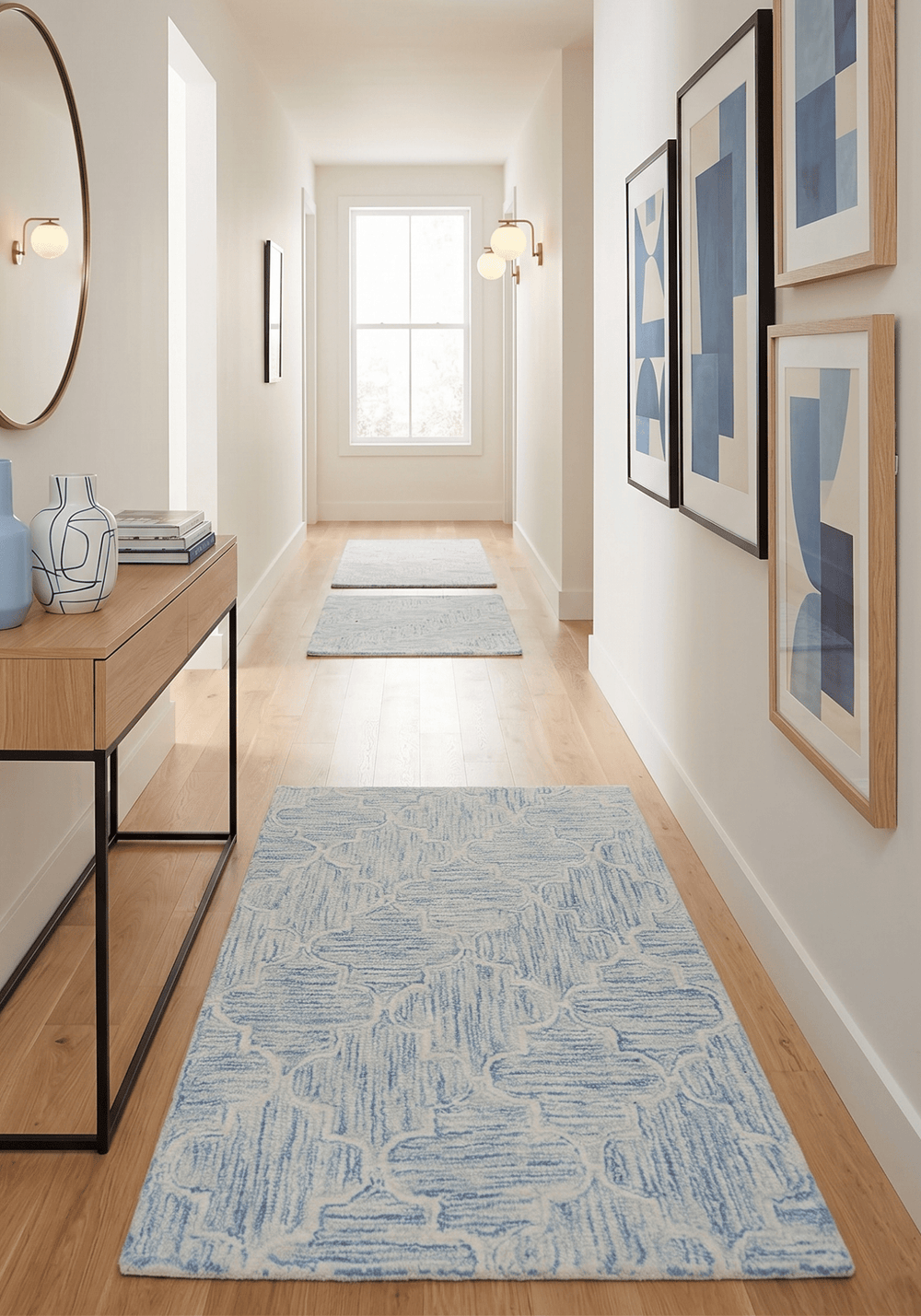 Custom Made Ivory and Blue Modern Geometric Hand Tufted Natural Wool Area Rug - The Rug Decor