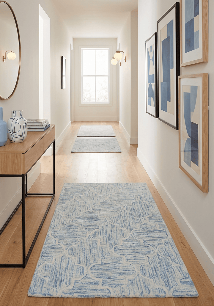 Custom Made Ivory and Blue Modern Geometric Hand Tufted Natural Wool Area Rug - The Rug Decor