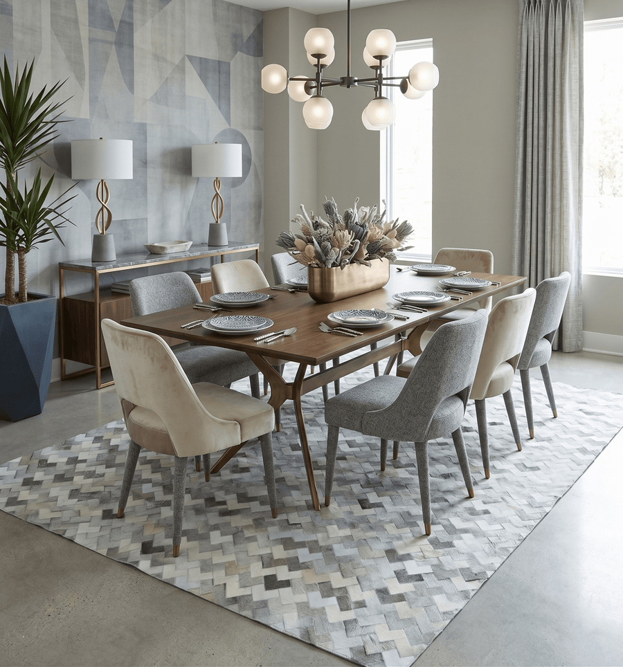 Custom Made Ivory and Gray Modern Geometrical Leather Rug - The Rug Decor
