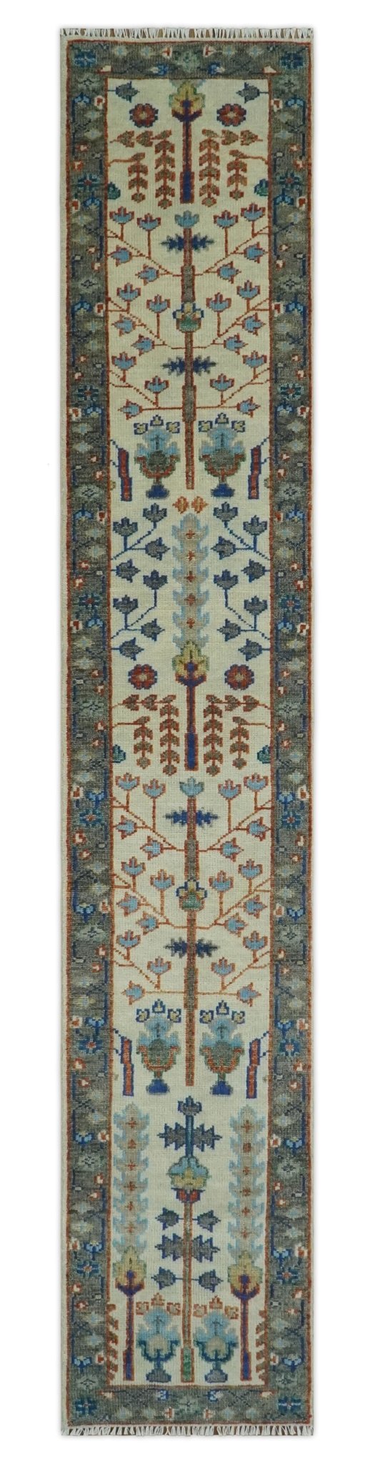 Custom Made Ivory And Gray Tree of life Hand Knotted Runner Rug - The Rug Decor