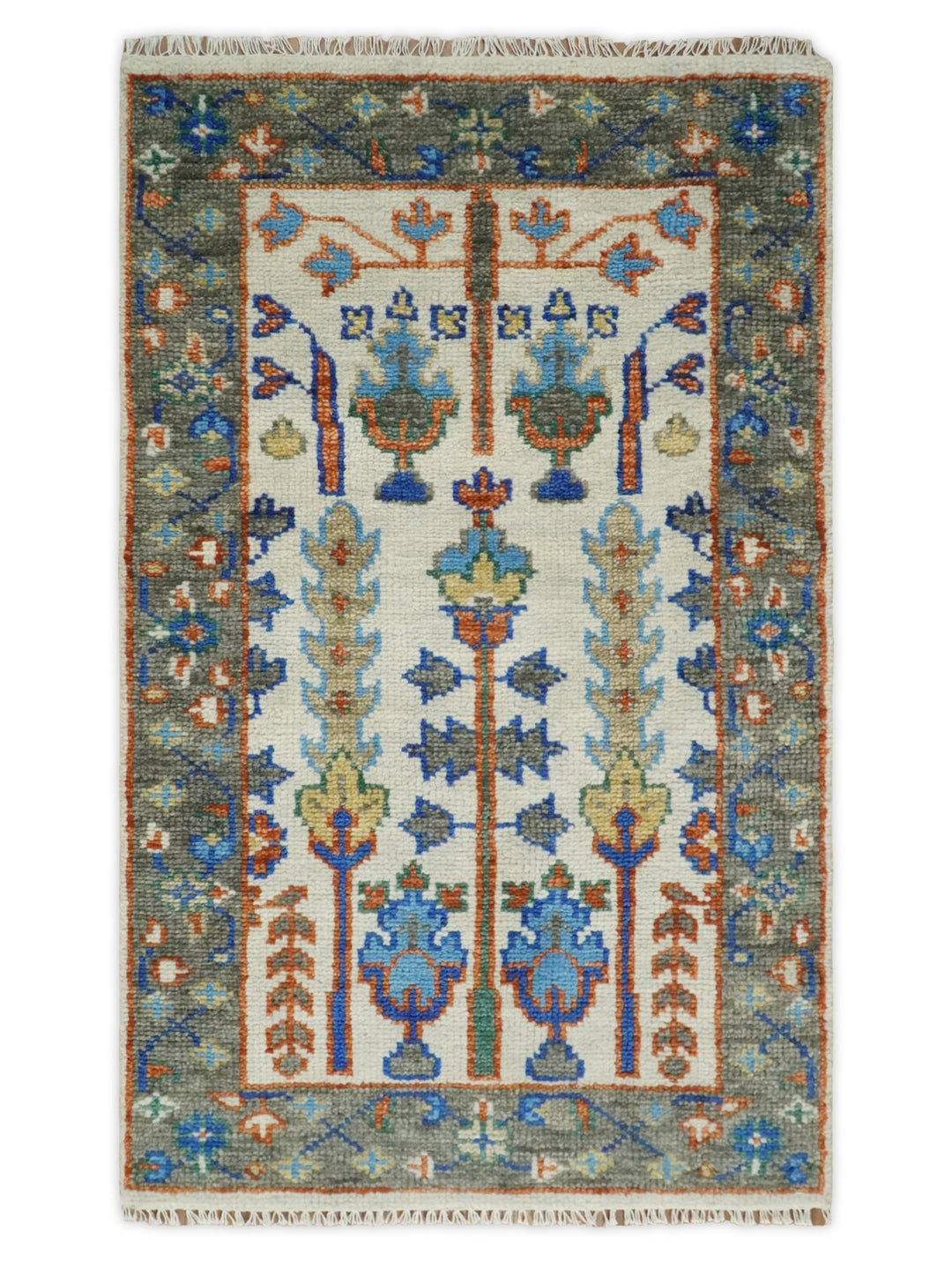 Custom Made Ivory And Gray Tree of life Hand Knotted Runner Rug - The Rug Decor