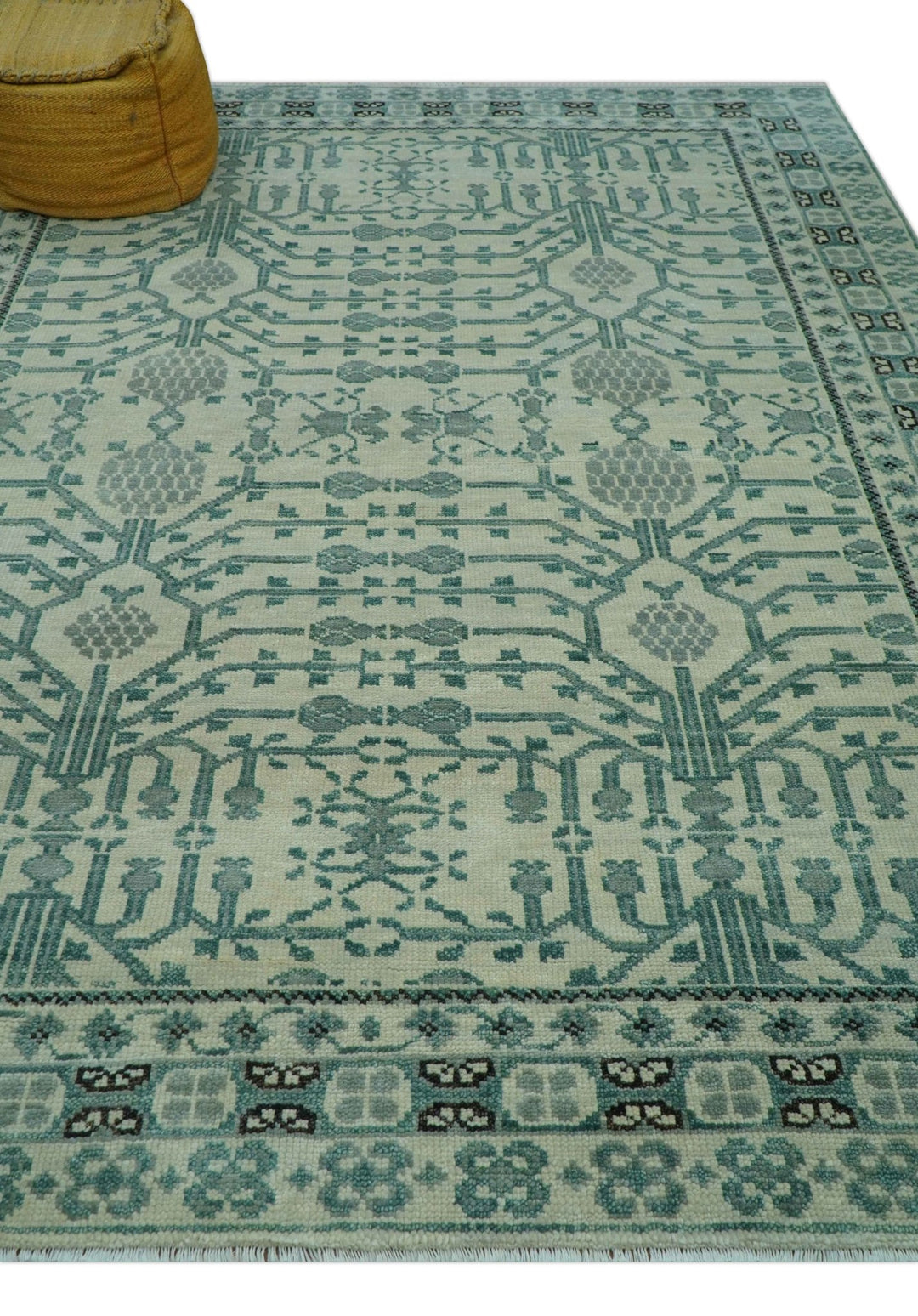 Custom Made Ivory And Gray Turkish Khotan Design Hand Knotted Wool Rug - The Rug Decor