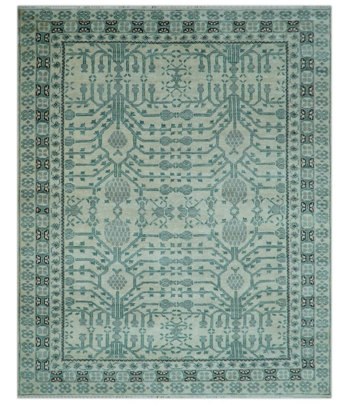 Custom Made Ivory And Gray Turkish Khotan Design Hand Knotted Wool Rug - The Rug Decor