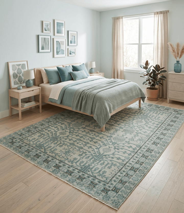 Custom Made Ivory And Gray Turkish Khotan Design Hand Knotted Wool Rug - The Rug Decor