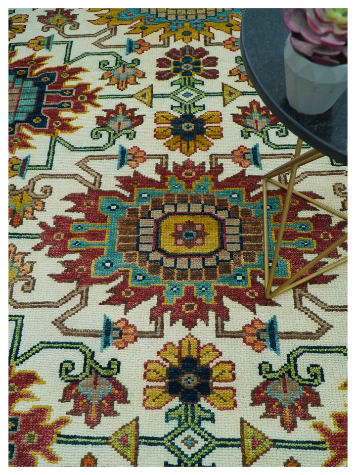 Custom Made Ivory And Maroon Traditional Floral Motifs Design Hand Knotted Wool Rug - The Rug Decor