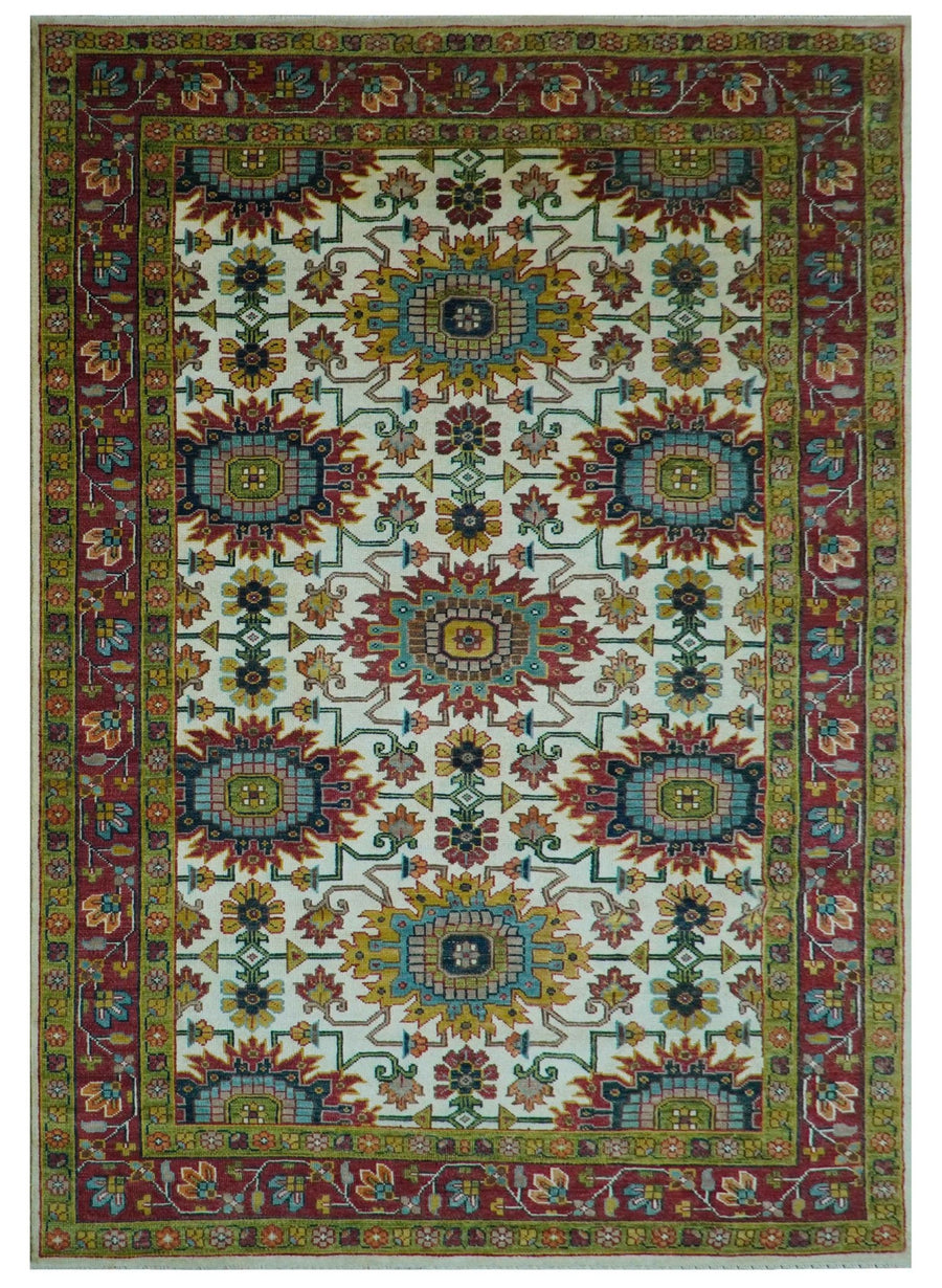 Custom Made Ivory And Maroon Traditional Floral Motifs Design Hand Knotted Wool Rug - The Rug Decor