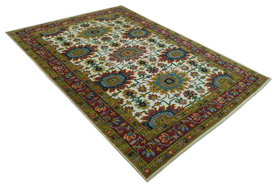 Custom Made Ivory And Maroon Traditional Floral Motifs Design Hand Knotted Wool Rug - The Rug Decor