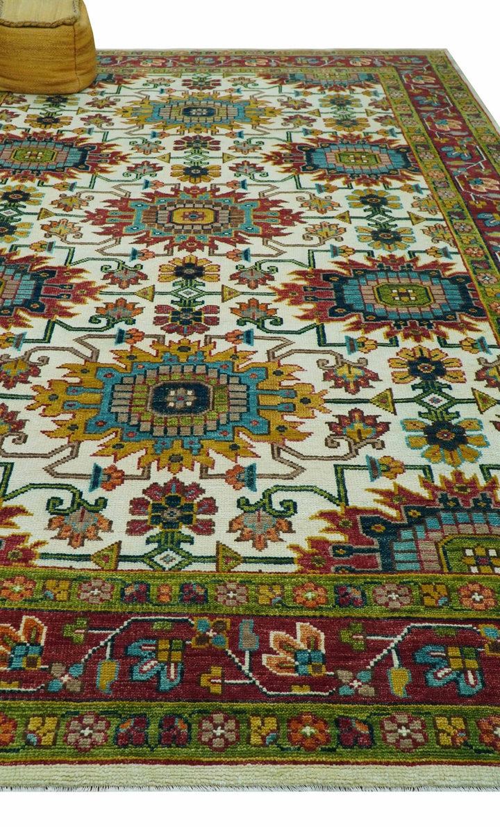 Custom Made Ivory And Maroon Traditional Floral Motifs Design Hand Knotted Wool Rug - The Rug Decor
