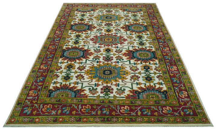 Custom Made Ivory And Maroon Traditional Floral Motifs Design Hand Knotted Wool Rug - The Rug Decor