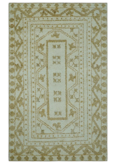 Custom Made Ivory and Olive Traditional Hand Knotted wool Area Rug - The Rug Decor