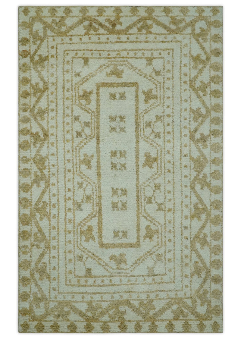 Custom Made Ivory and Olive Traditional Hand Knotted wool Area Rug - The Rug Decor