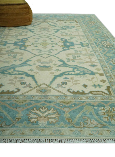 Custom Made Ivory and Teal Hand Knotted Traditional Oriental Oushak wool rug - The Rug Decor