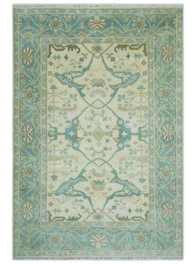 Custom Made Ivory and Teal Hand Knotted Traditional Oriental Oushak wool rug - The Rug Decor