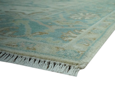 Custom Made Ivory and Teal Hand Knotted Traditional Oriental Oushak wool rug - The Rug Decor