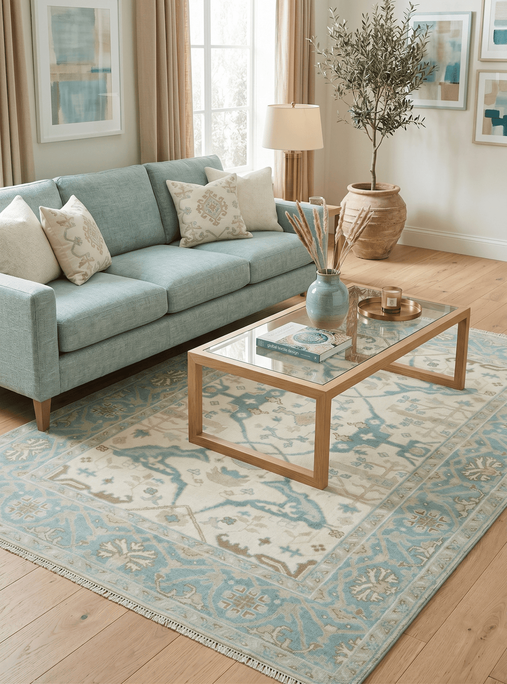 Custom Made Ivory and Teal Hand Knotted Traditional Oriental Oushak wool rug - The Rug Decor