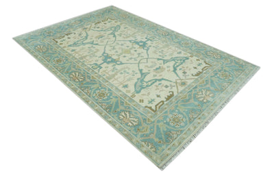 Custom Made Ivory and Teal Hand Knotted Traditional Oriental Oushak wool rug - The Rug Decor