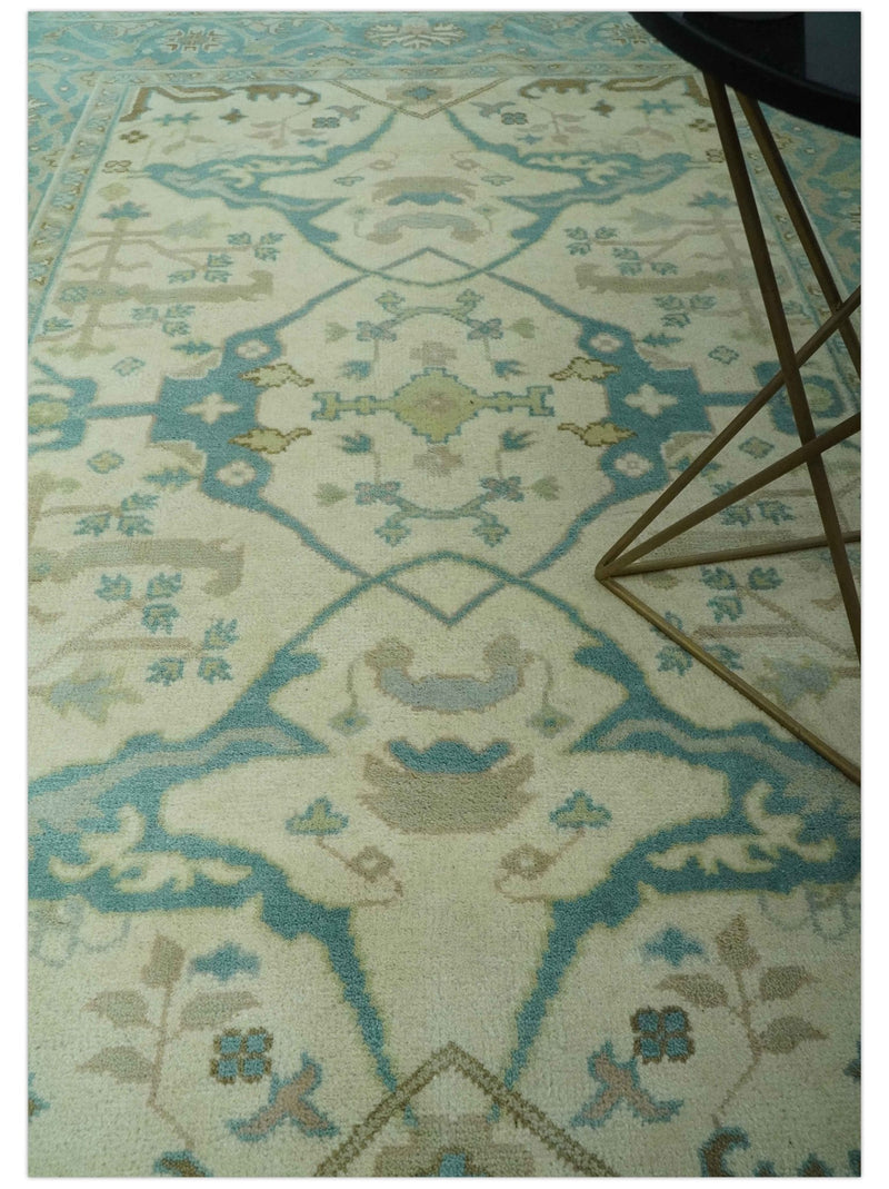 Custom Made Ivory and Teal Hand Knotted Traditional Oriental Oushak wool rug - The Rug Decor