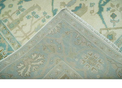 Custom Made Ivory and Teal Hand Knotted Traditional Oriental Oushak wool rug - The Rug Decor