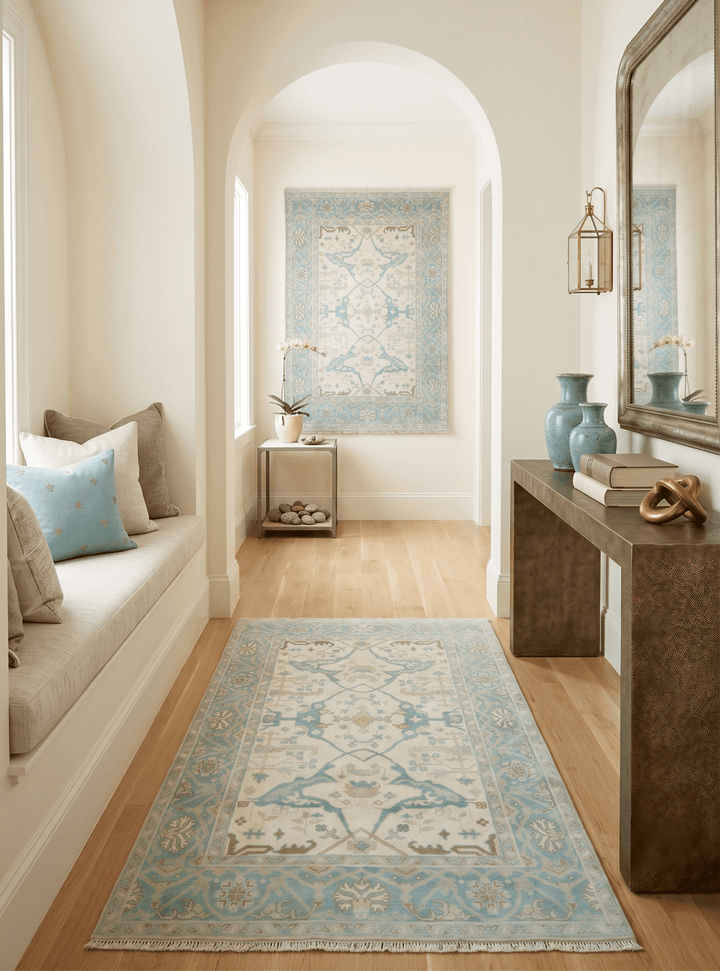 Custom Made Ivory and Teal Hand Knotted Traditional Oriental Oushak wool rug - The Rug Decor