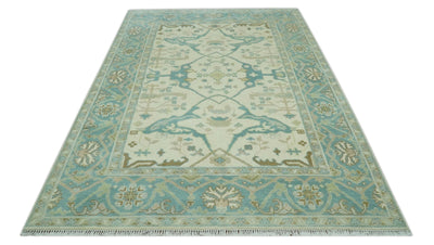 Custom Made Ivory and Teal Hand Knotted Traditional Oriental Oushak wool rug - The Rug Decor