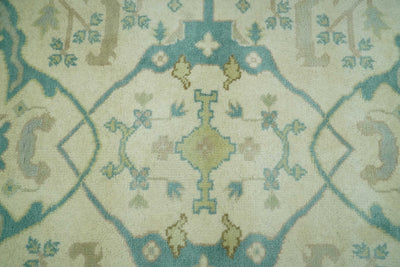 Custom Made Ivory and Teal Hand Knotted Traditional Oriental Oushak wool rug - The Rug Decor