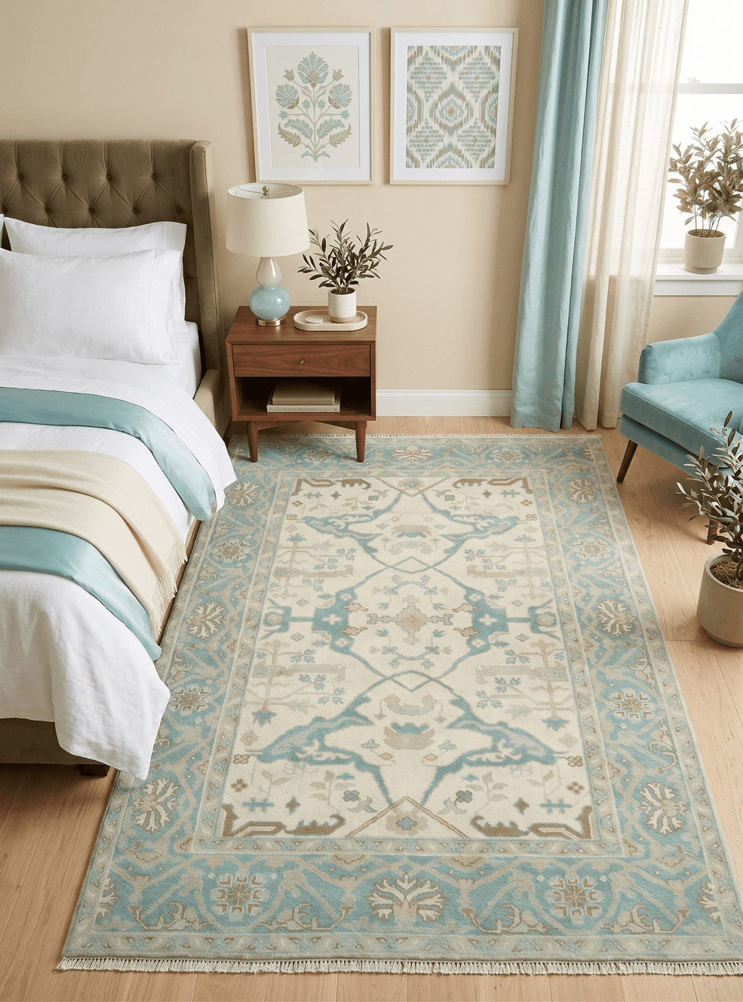 Custom Made Ivory and Teal Hand Knotted Traditional Oriental Oushak wool rug - The Rug Decor