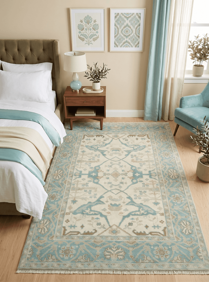 Custom Made Ivory and Teal Hand Knotted Traditional Oriental Oushak wool rug - The Rug Decor