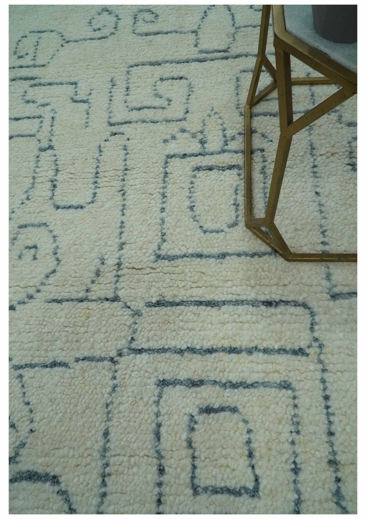 Custom Made Ivory, Beige and Gray Maze Design Hand knotted wool Area Rug - The Rug Decor