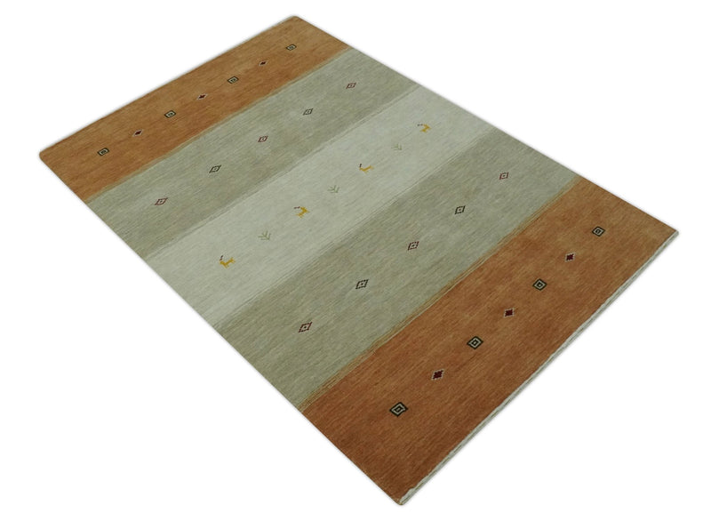 Custom Made Ivory, Beige and Rust Geometrical stripes Design Hand loom Wool Area Rug - The Rug Decor