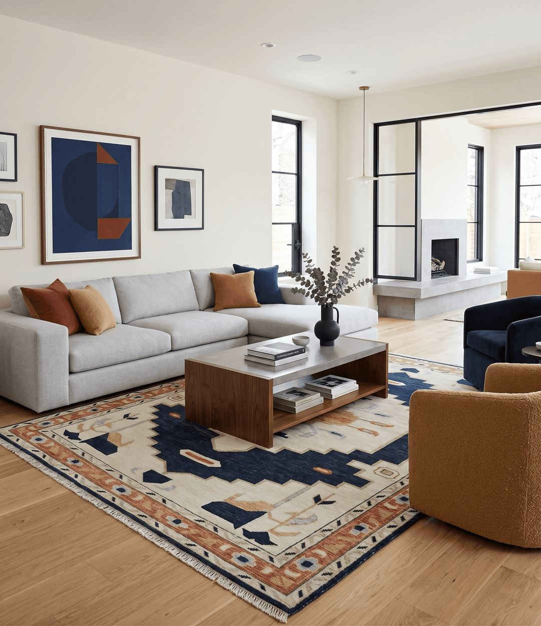 Custom Made Ivory, Blue, Beige and Rust Hand Knotted Traditional Heriz Wool Area Rug - The Rug Decor
