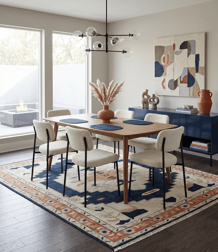 Custom Made Ivory, Blue, Beige and Rust Hand Knotted Traditional Heriz Wool Area Rug - The Rug Decor