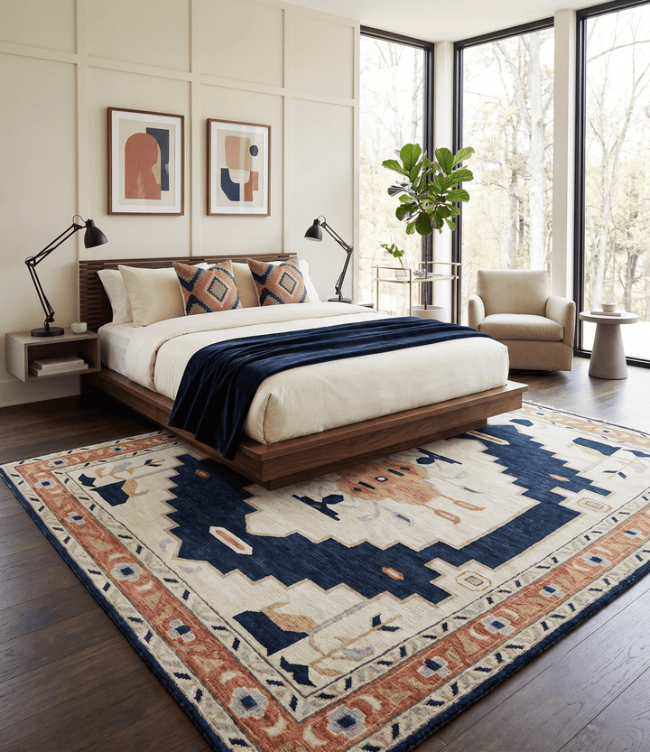 Custom Made Ivory, Blue, Beige and Rust Hand Knotted Traditional Heriz Wool Area Rug - The Rug Decor