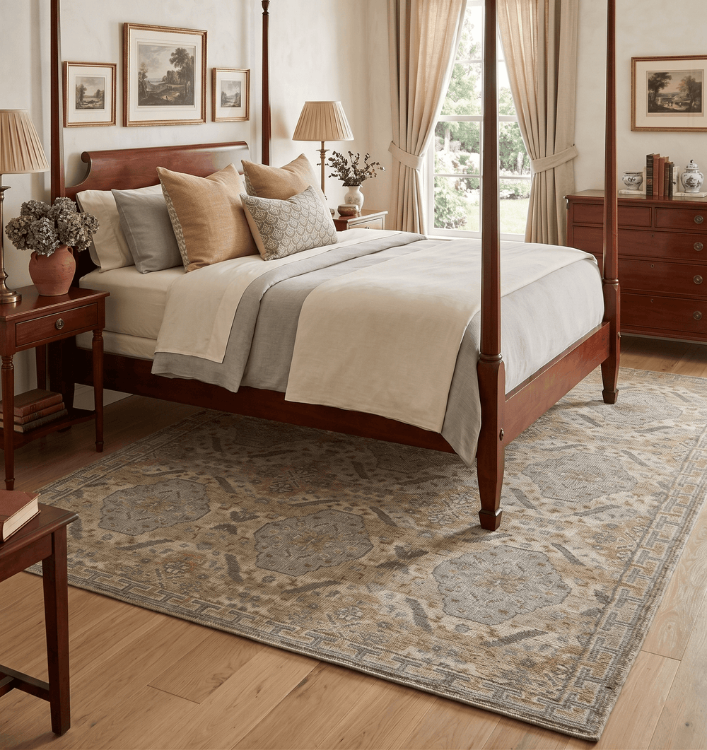 Custom Made Ivory, Brown and Blue Traditional Hand Knotted Wool Area Rug - The Rug Decor
