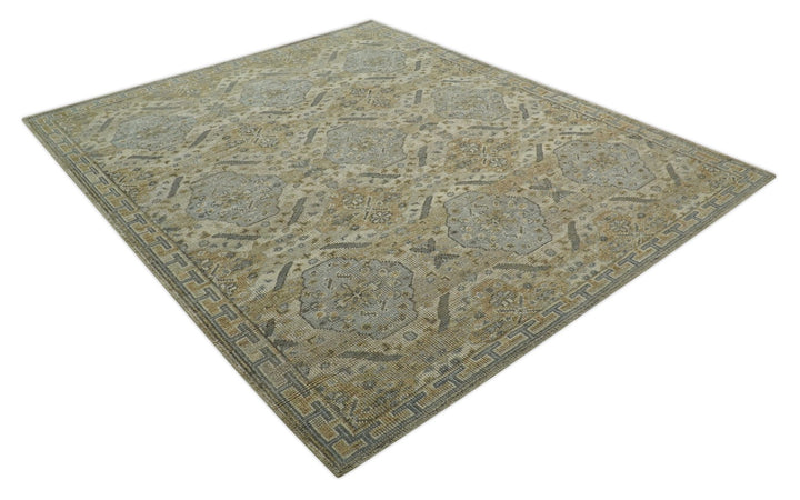 Custom Made Ivory, Brown and Blue Traditional Hand Knotted Wool Area Rug - The Rug Decor