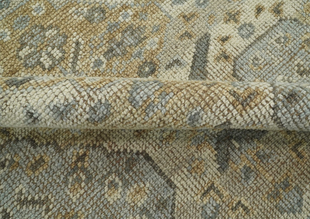 Custom Made Ivory, Brown and Blue Traditional Hand Knotted Wool Area Rug - The Rug Decor