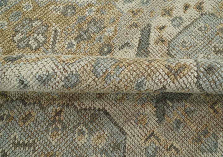 Custom Made Ivory, Brown and Blue Traditional Hand Knotted Wool Area Rug - The Rug Decor
