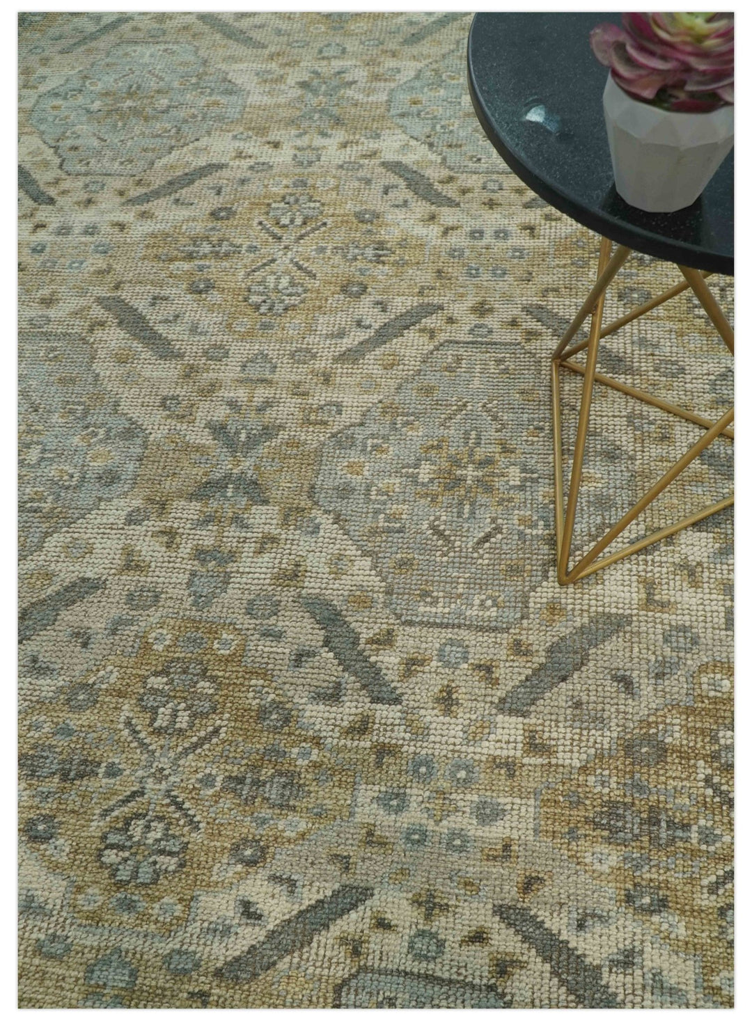 Custom Made Ivory, Brown and Blue Traditional Hand Knotted Wool Area Rug - The Rug Decor